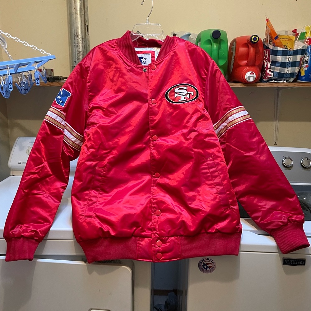 49ERS red satin heavyweight Starter jacket.